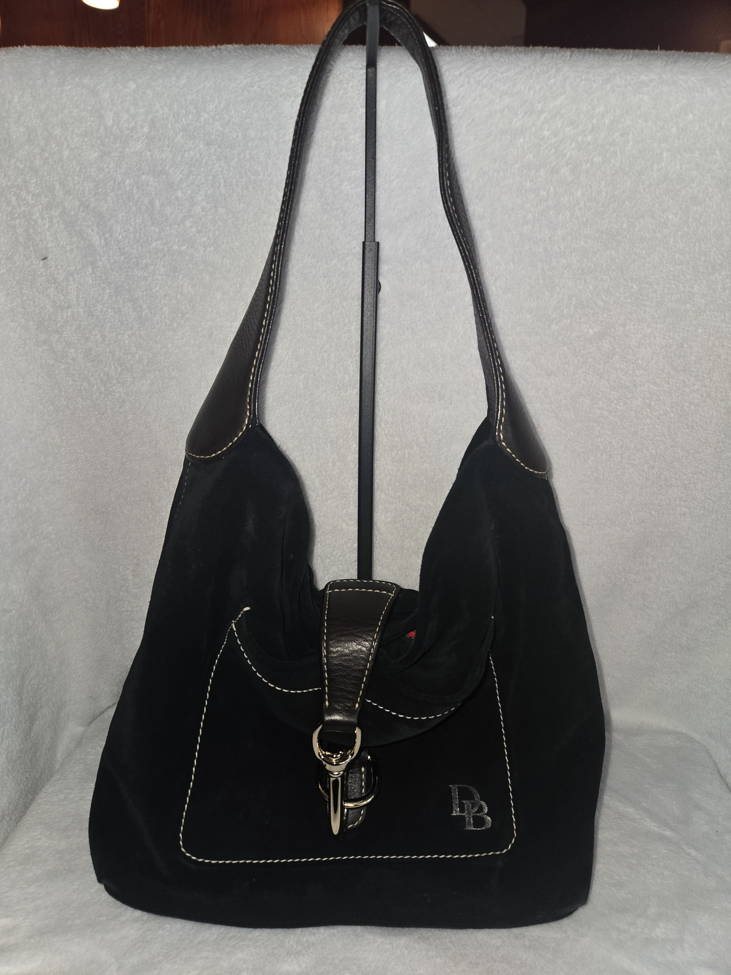Dooney And Bourke Black Suede Shoulder Bag With Contrast Stitching
